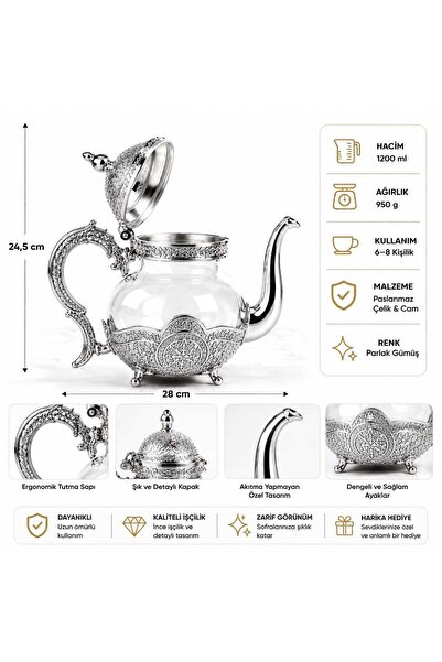 RASHA COLLECTION Luxury Silver Glass Teapot with Lid Decorative Serving Teapot