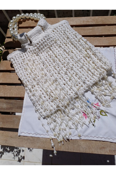 Craft El Örgüsü İncili Püsküllü Çanta - Beyaz İncili El ve Omuz Çantası - Boh...