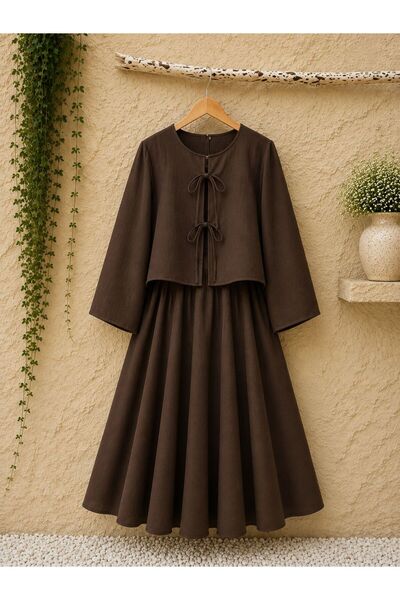 KÜÇÜĞÜM BUTİK Coffee Linen Flared Skirt and Coffee Linen Tie-Up Blouse (2-Pie...