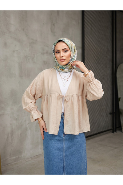Foremia Roba Gathered Sleeve Elastic Tunic-Beige
