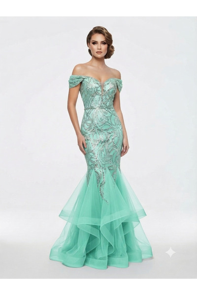 Elazka - Mint Yeşili İşlemeli Balık Model Abiye