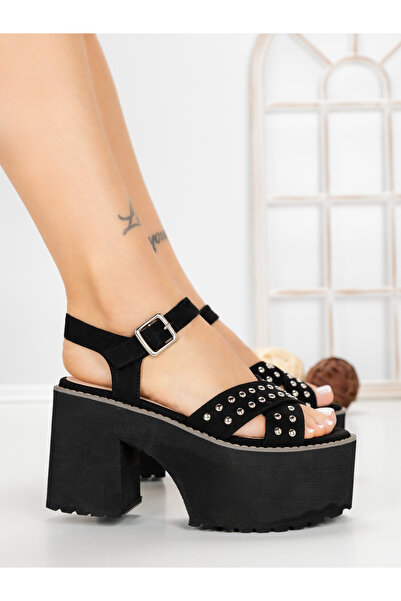 Tina's Sandale dama cu toc gros si platforma negre din material textil Seris
