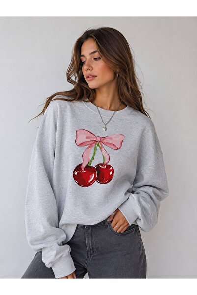 caddekombin Cherry and Ribbon Printed Hooded Sweatshirt with Kangaroo Pocket ...