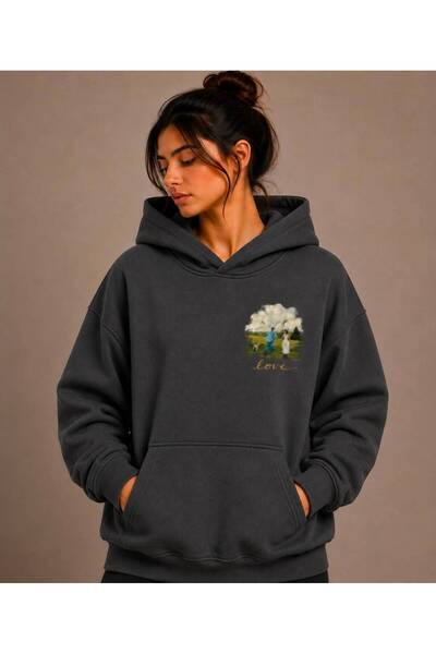 caddekombin Love Printed Hooded Green Sweatshirt with Kangaroo Pocket and Woo...