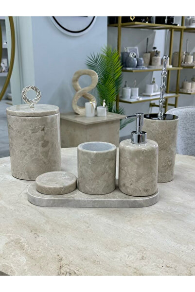 veloraliving Decorative Natural Beige Marble 6 Piece Silver Ring Bathroom Set