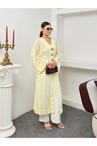 Hatun Atila Kadın V Yaka Belden Bağlamalı Gold Detaylı Geniş Kol Jakarlı Dese...