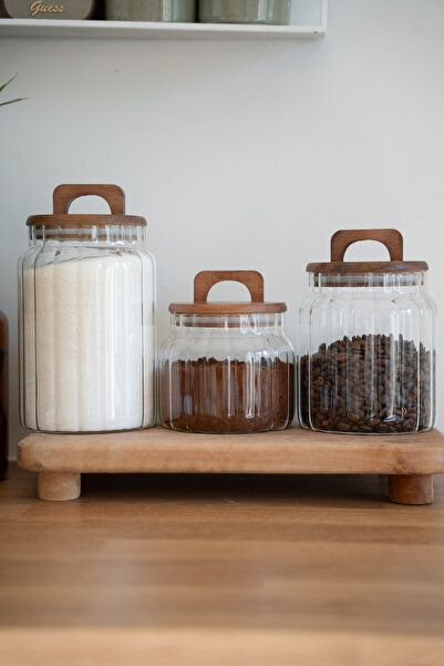 Dekorzdükkan Avento Set of 3 Acacia Vacuum Lids Striped Glass Jars