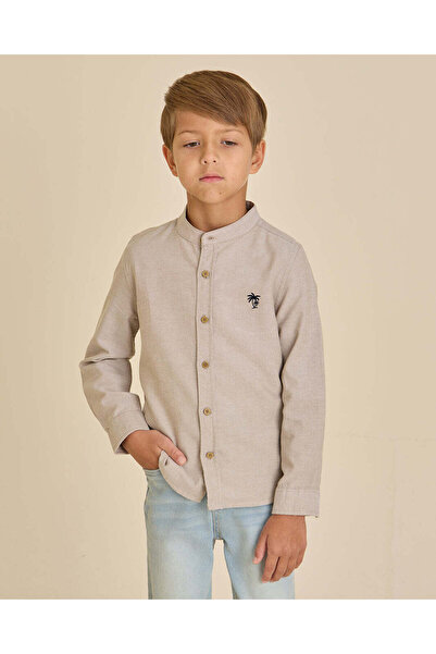 REDTAG Boys Beige Printed Mandarin Collar Shirt