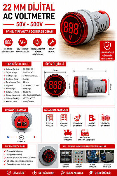 TIANYI DİJİTAL VOLTMETRE AC 50V-500V - KIRMIZI