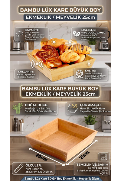 RİVO HOME DECOR Natural Bamboo Wood Square Fruit Bowl Multi-Purpose Presentat...