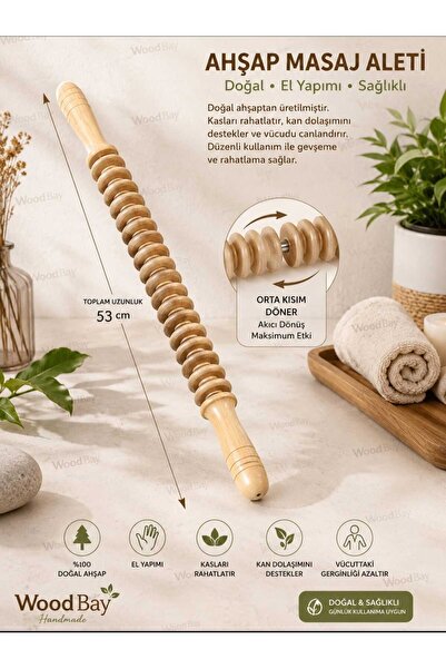 WoodBay Ahşap Döner Masaj Aleti 53 cm | Refleksoloji Masaj Çubuğu Sırt, Boyun...