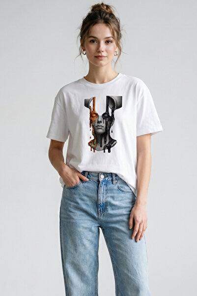 BAGAND Surreal Face Sculpture Printed White Women's T-Shirt Modern Art Graphi...