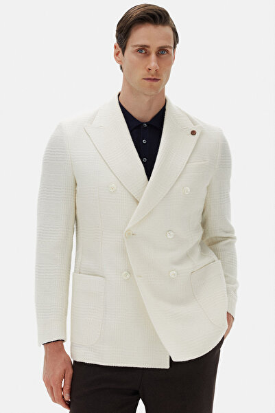 Damat Regular Fit Ekru Kare Desen Yünlü Kumaş Ceket