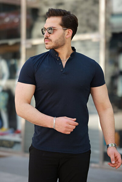 Efnaz style تي شيرت رجالي بأكمام قصيرة وياقة القاضي من نسيج القطن المنسوج