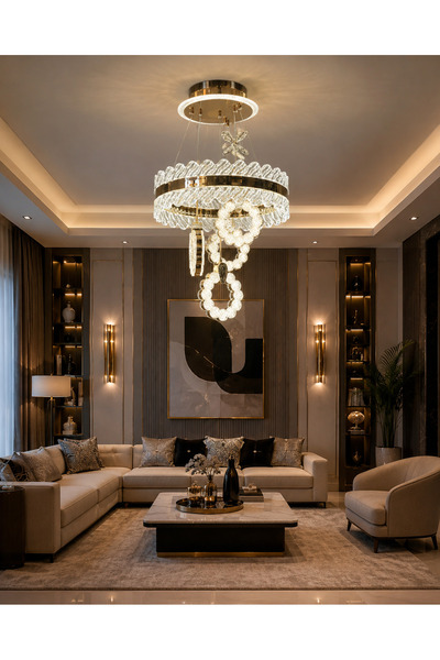 Led YENİ MODEL 4 SARKIT LÜX ÇEMBERLİ AVİZE GOLD RENK 3 IŞIK SEÇENEĞİ