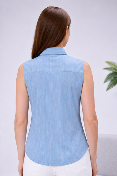 FARQIN Blue Viscose Linen Zero Sleeve Women's Shirt