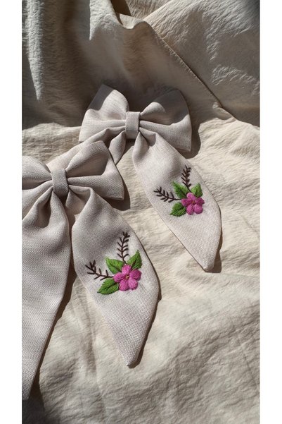 Generic Brand Pink Flower Embroidered Beige Bow Hair Clip |   Handmade Fabric Ribbon Buckle |   Girls & Women