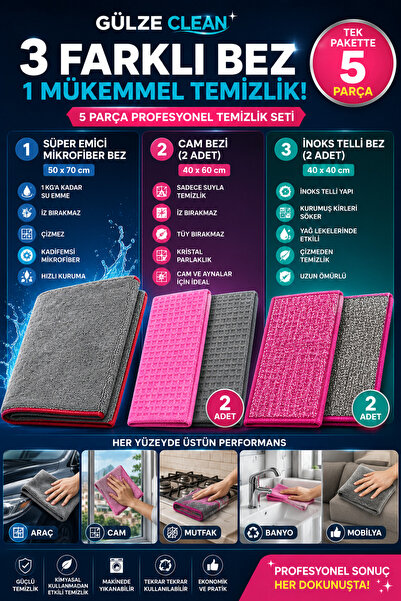 GÜLZE 5 Piece Mega Cleaning Package – 5 Piece Professional Microfiber Cleanin...