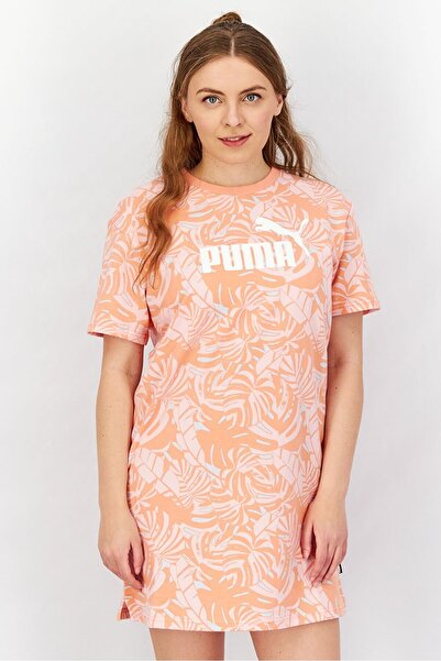 Puma Women Crew Neck Short Sleeve Printed Logo Dress, Peach Pink