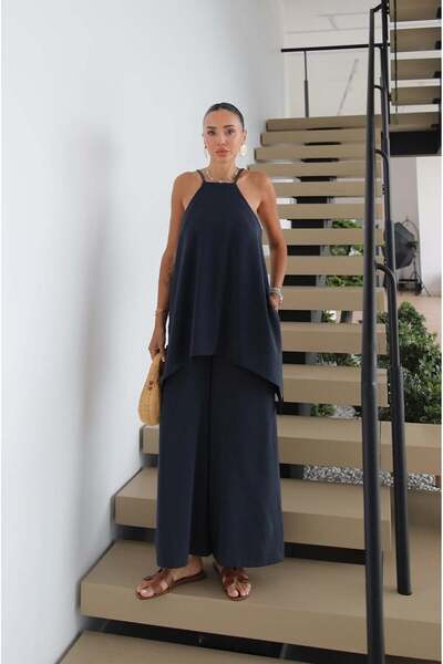 Havoş Navy Blue Leather Strap Jumpsuit with Shawl Detail