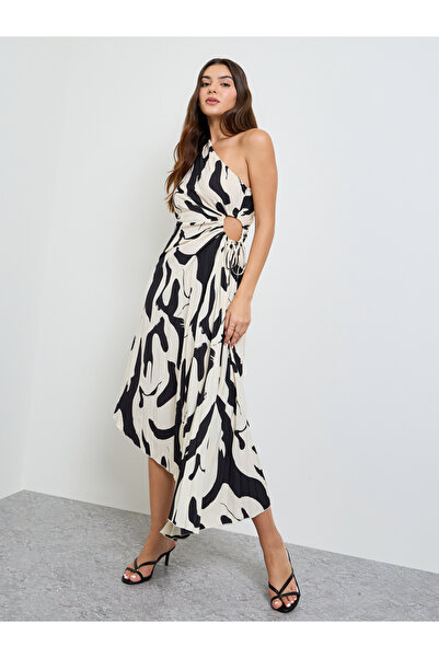 Take Two By Styli Black One Sleeve Midi Dress with Ruched Detail
