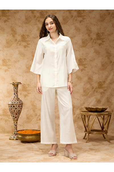 Silver Lime By Styli White Tonal Embroidery and Lace Inserts Shirt Collar Co-...