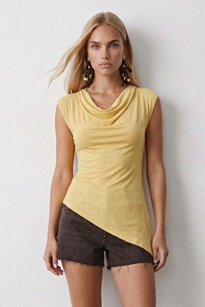 Trend Alaçatı Stili Women's Yellow Degaje Collar Lycra Asymmetrical Cut Visco...