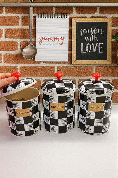 Empressco 3-Piece Black and White Patterned Plastic Spice Rack Set, Storage C...