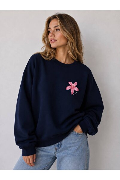 caddekombin Women's Pink Floral Printed Crew Neck Sweatshirt