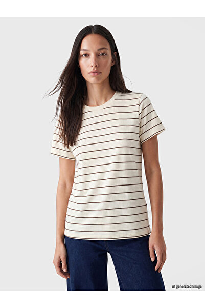 LC Waikiki Lcw Everyday Beige 100% Cotton Striped Women's T-Shirt