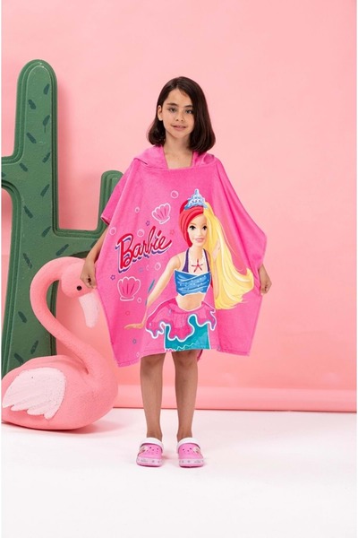 Özdilek Lisanslı -Barbie Sea Pembe- Kız Çocuk Panço Kapüşonlu
