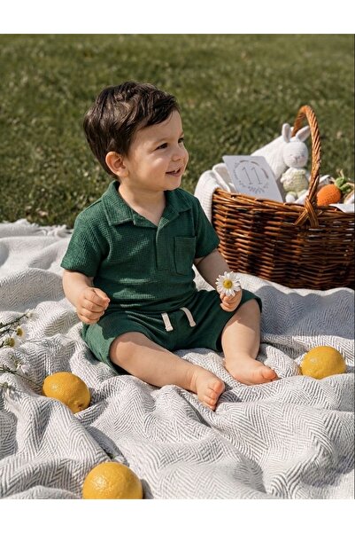 OMY Cotton Waffle Fabric Collar Pocket Detail Summer 2-Piece Shorts Set for A...