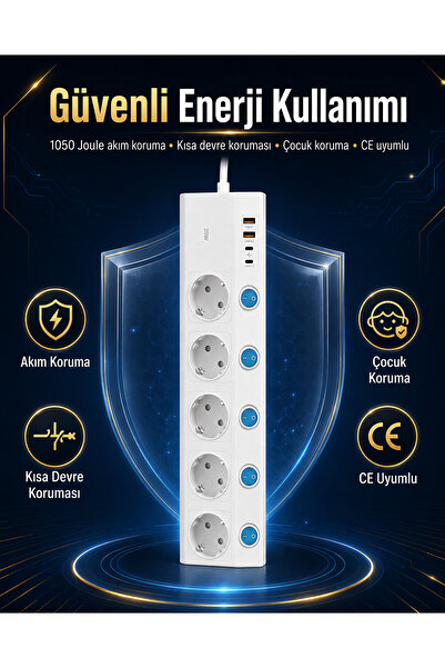 The Wlue 5’li Anahtarlı Akım Korumalı Priz | 3680W | 16A | 2xUSB-A | 2xType-C | PD 20W Hızlı Şarjlı | Çoklu Priz
