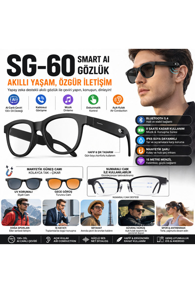 beemen SG-60 Smart AI Akıllı Gözlük Bluetooth 5.4 | 130+ Dil Canlı Çeviri | Air Conduction | IPX5 | Manyetik Güneş Camı