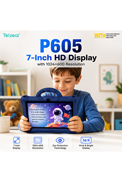 TELZEAL P605 Kids Tablet 7 Inch, Android 15, 6GB RAM 256GB ROM, HD 1024×600 Display, 3000mAh Battery, Dual Cameras, 5G WiFi, 3D Astronaut Shockproof EVA Case with Handle, Pink