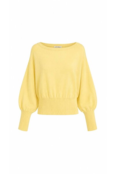 STF MODA Women's Popular Asymmetrical Boat Neck Knitwear Sweater Yellow