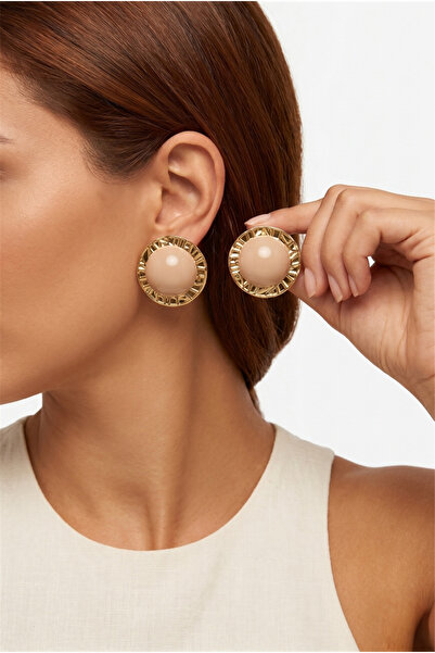 Pelin Aksesuar Nude Colored Gold Detailed Curved Round Earrings