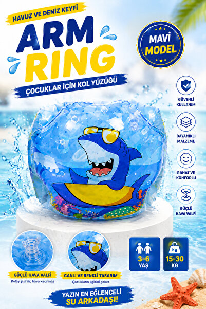 İlknurtoys Çocuk Şişme Kol Yüzüğü Mavi Köpekbalığı Desenli 22 cm | Havuz Deniz Yüzme Kolluğu 3-6 Yaş 15-30 Kg