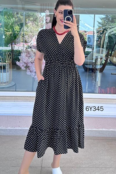 İnce Topuk V-Neck Polka Dot Viscose Dress with Elastic Waist 6Y345