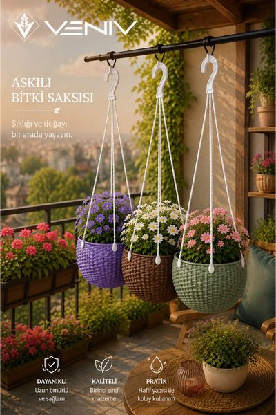 VENİV 2’li Alt Tabaklı Rattan Desenli Askılı Saksı 2 Litre | Dekoratif Şık Ta...