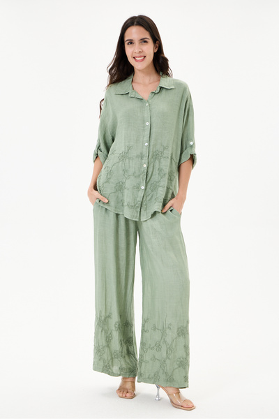 della moor Women's Khaki Italian 100% Linen Floral Embroidered Trousers - Shi...