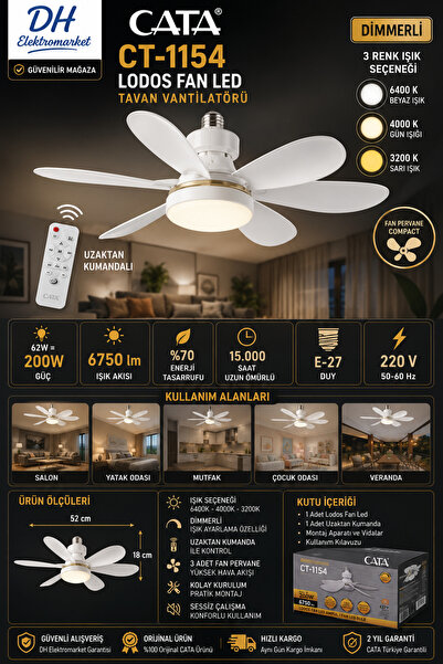 DHELEKTROMARKET CATA CT-1154 Lodos Fan LED Ampul 62W 200W Kumandalı Dimmerli ...