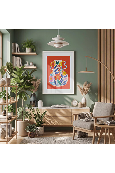 KOLAJTASARIM Flori abstracte vii în vază, tablou înrămat cu lemn alb, decor d...