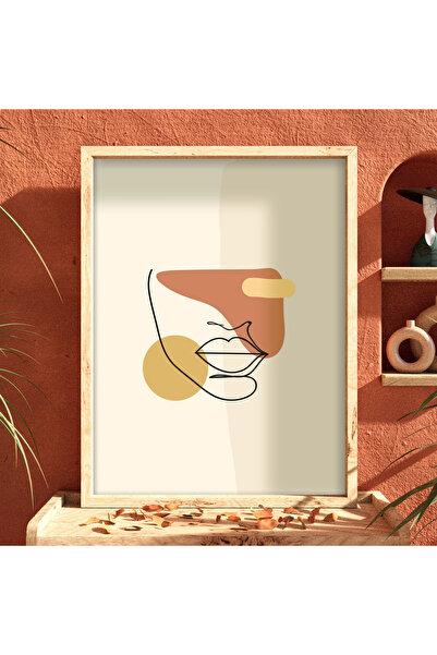 KOLAJTASARIM Single Natural Wood Framed Painting — Earth Tones Facial Feature...