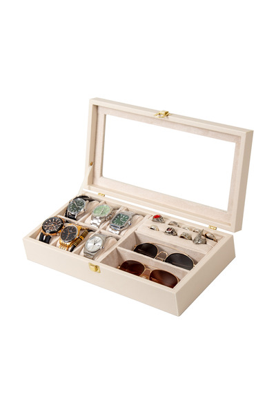 Güner Ofis Multi-Purpose Leather Jewelry, Watch, and Glasses Organizer Box wi...