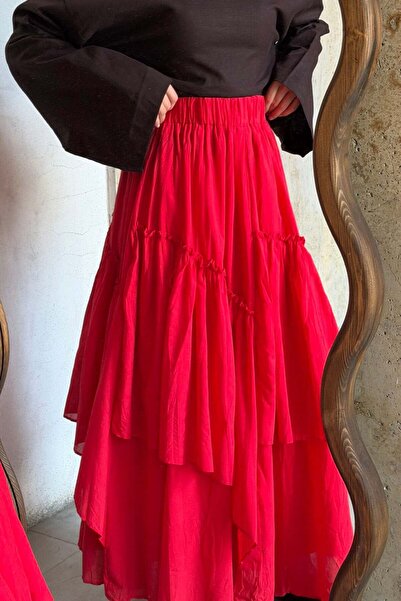 Faya Boutique تنورة حمراء من قماش الأجوتر الفوال الكتان