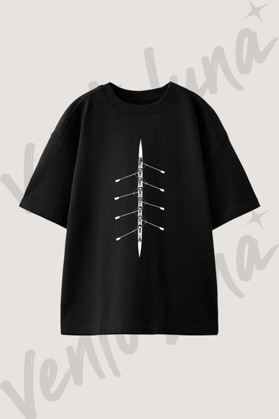 Vento Luna Rowing Eight Tasarım Baskılı Unisex Oversize Kalıp Siyah Tshirt