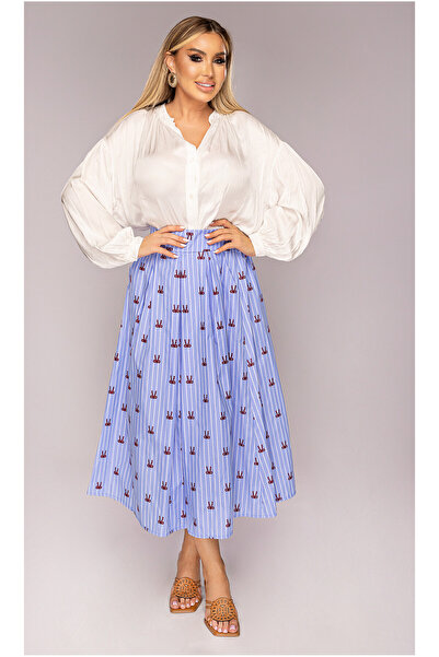OEM Fusta dama, bleu, imprimeu fundite, largi, cu elastic in talie, One Size