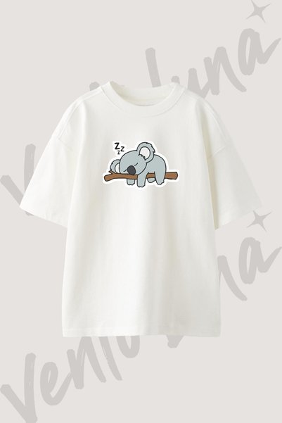 Vento Luna Koala Uyuyan Tasarım Baskılı Unisex Oversize Kalıp Beyaz Tshirt