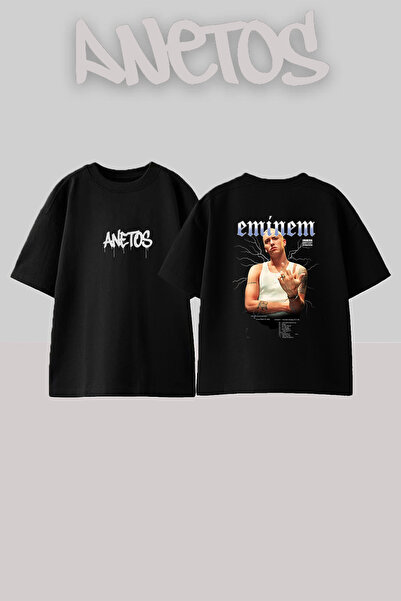Anetos Μαύρο μπλουζάκι Eminem Rapper_5 με στάμπα σχεδίου, Unisex, Oversize